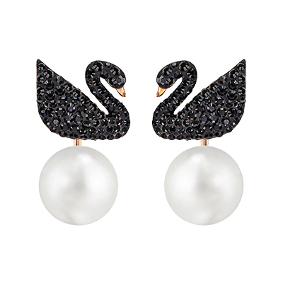 SWAROVSKI施华洛世奇 Iconic Swan系列 黑色天鹅穿孔可卸珍珠耳钉 2.5cm
