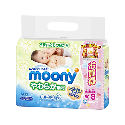 【O'life日本】Unicharm尤妮佳 moony婴儿屁屁湿巾 替换装 80枚*8包
